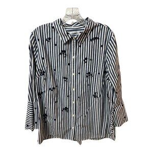 Charter Club Striped Embroidered Cotton Button Front Shirt Size 16 Relaxed Fit